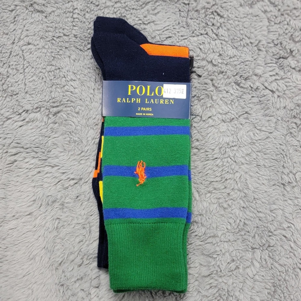 Polo Ralph Lauren Socks Mens 10-13 Green Navy Rugby Stripe Pony Crew 2 Pairs